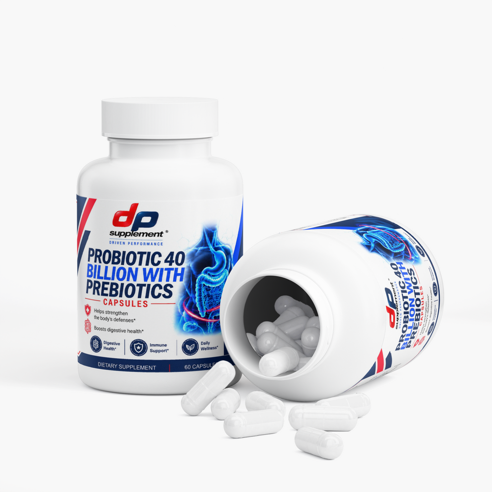 Two bottles of DP Probiotic 40 Billion, one tipped over with capsules spilling out