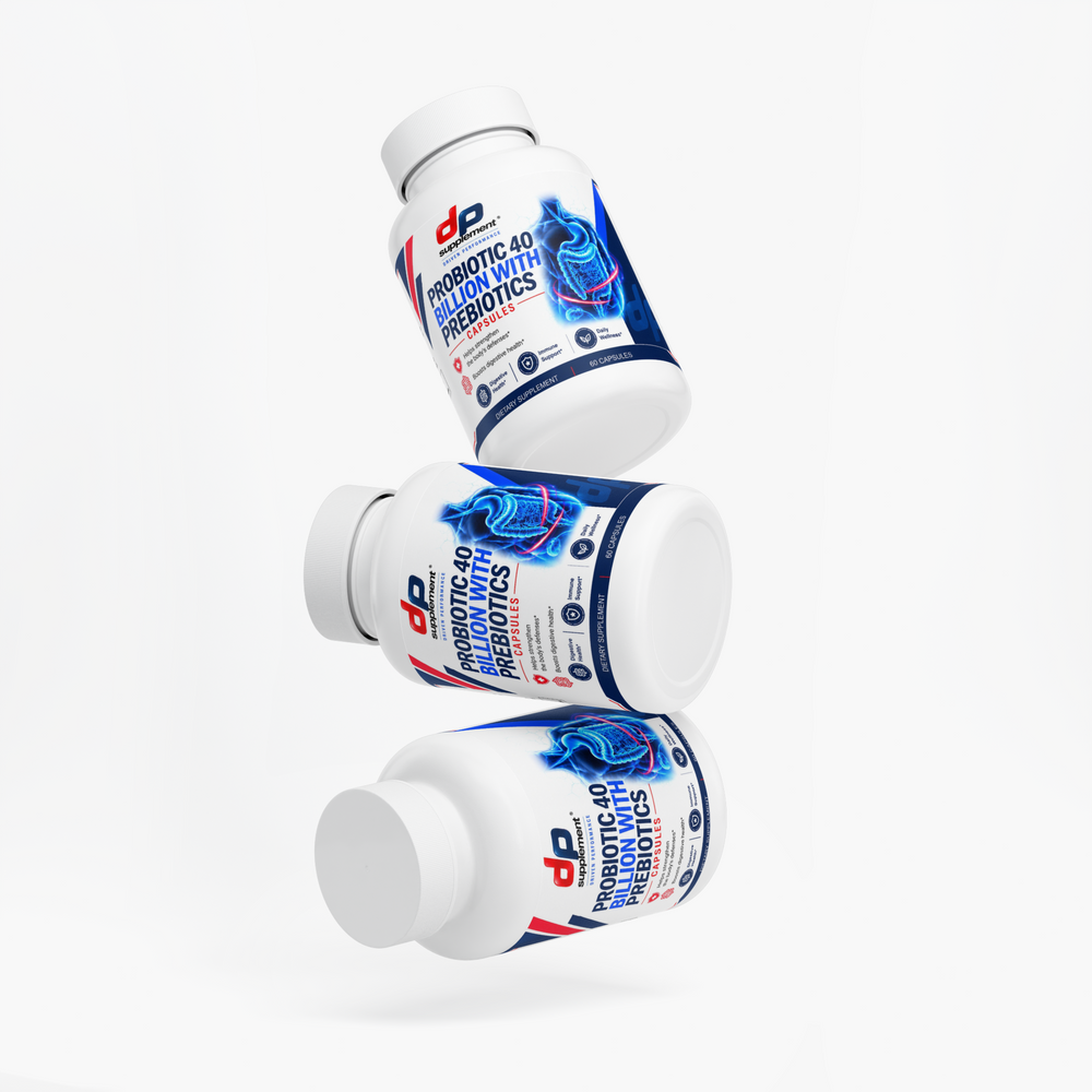 Three bottles of DP Probiotic 40 Billion, angled