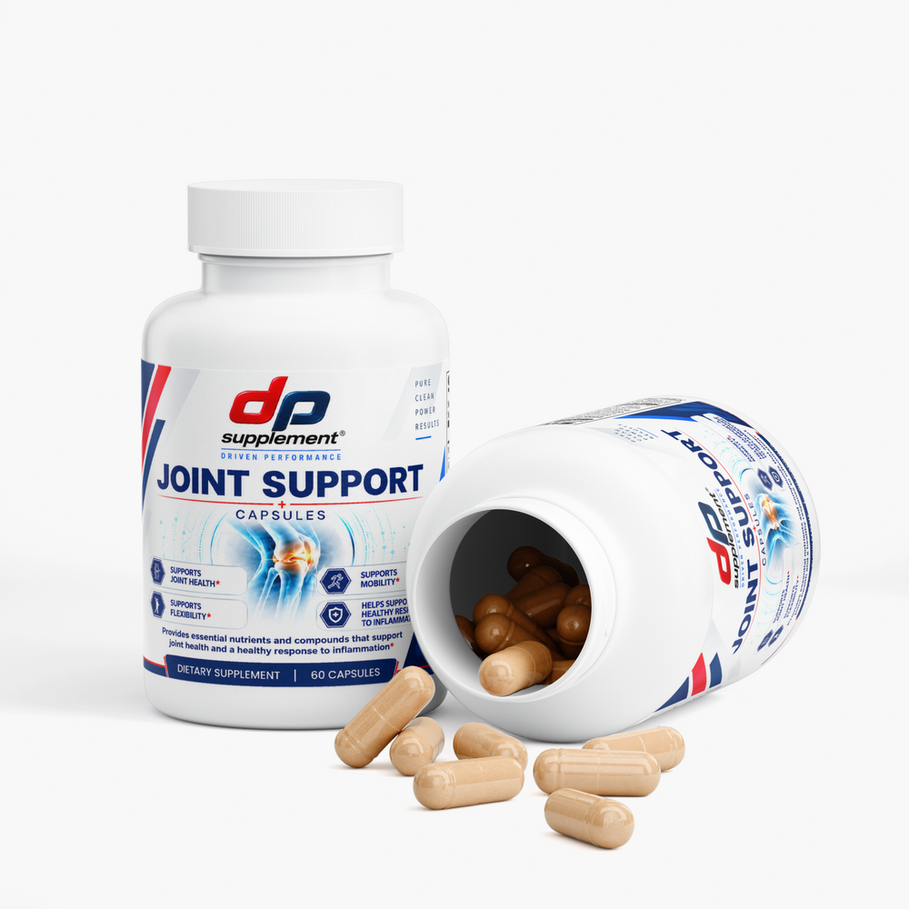 Two bottles of DP Joint Support, one tipped over with capsules spilling out