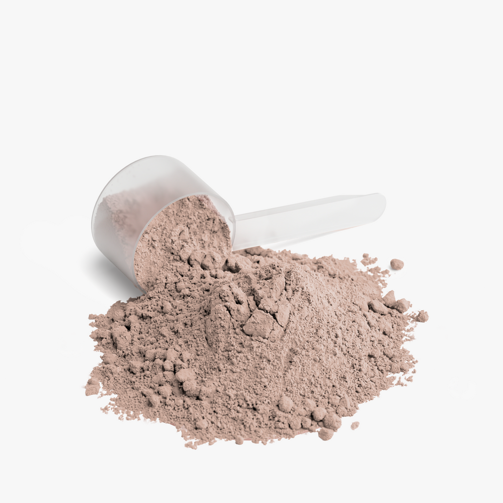 Close-up of DP chocolate plant protein powder with a scoop