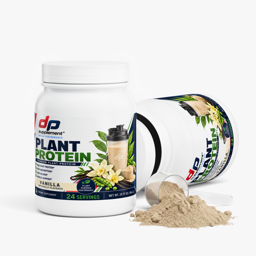 Two tubs of DP Plant Protein Vanilla with a scoop of powder