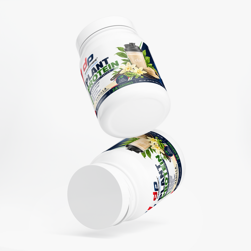 Two tubs of DP Plant Protein Vanilla, angled