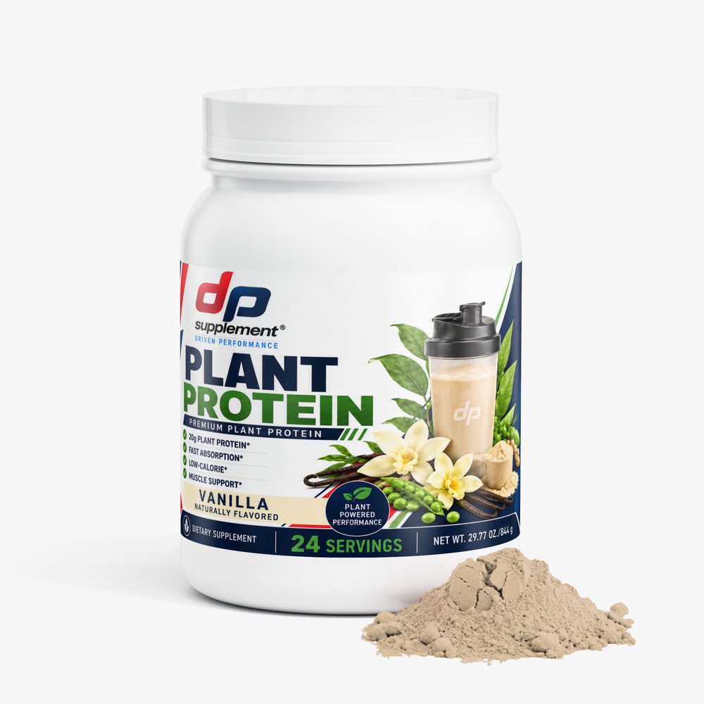 DP Plant Protein Vanilla tub next to a pile of vanilla protein powder