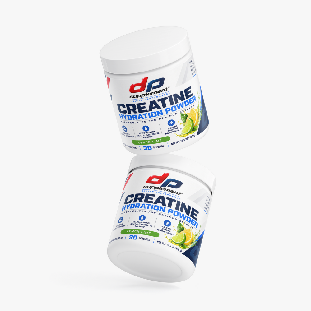 Two tubs of DP Creatine Hydration Powder, angled