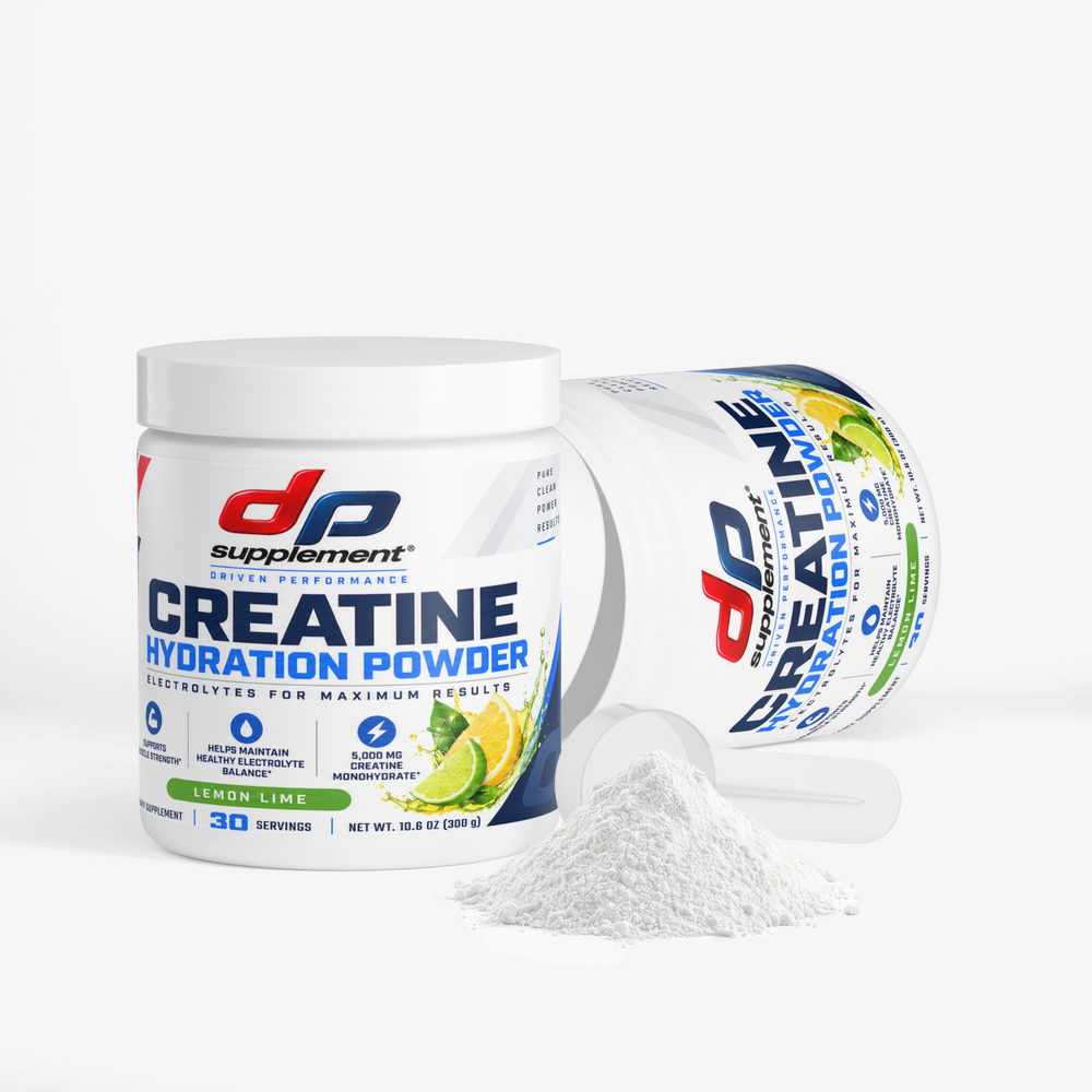 Two tubs of DP Creatine Hydration Powder with a scoop