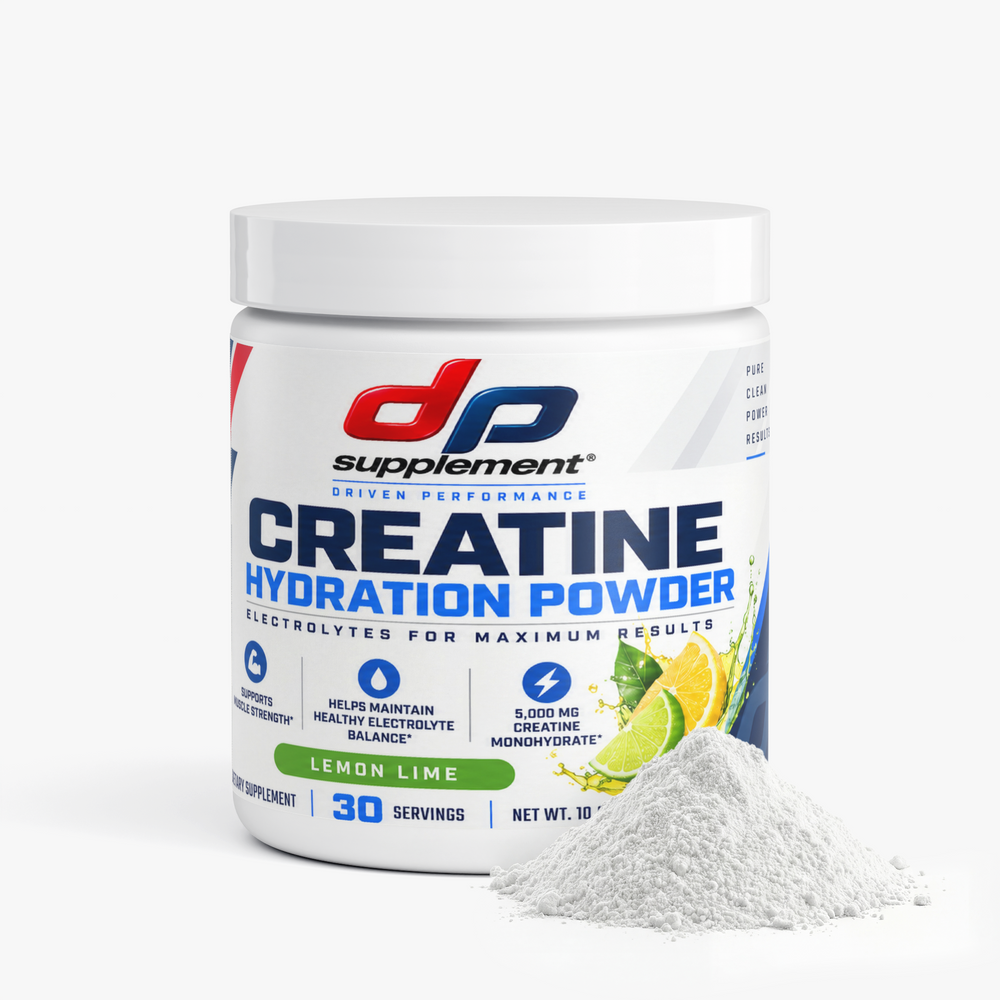 DP Creatine Hydration Powder tub next to a pile of powder