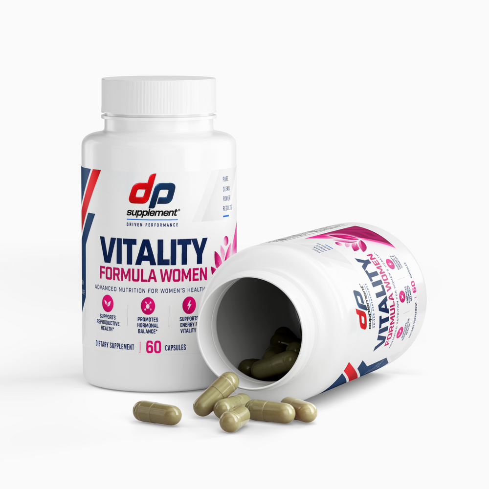 Two bottles of DP Women's Vitality Formula, one tipped over with capsules