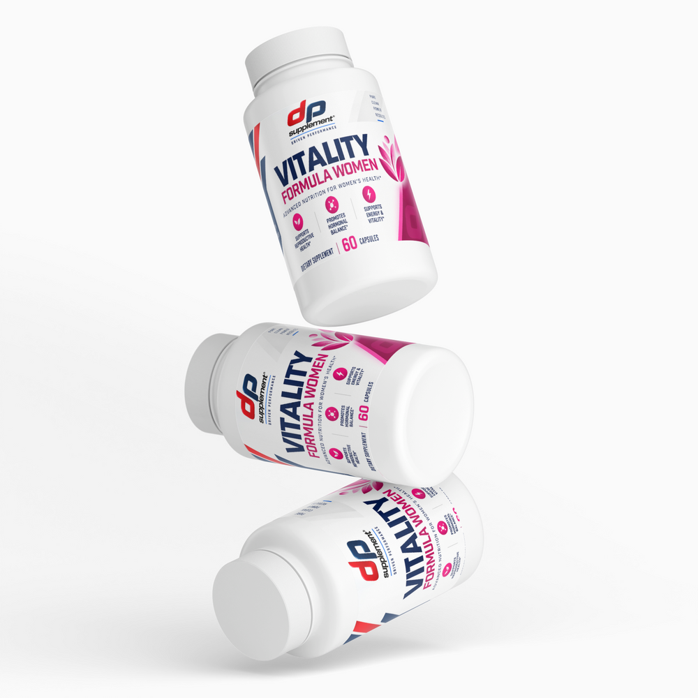 Three bottles of DP Women's Vitality Formula, angled