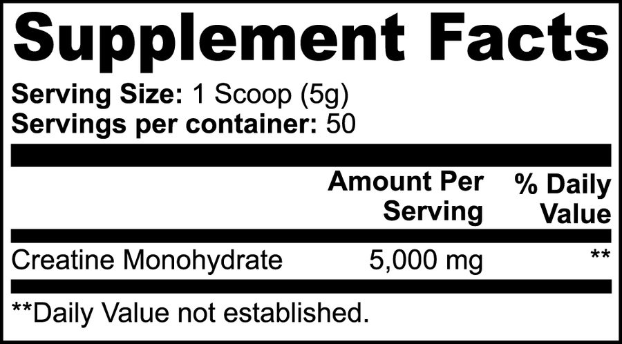 DP Creatine Monohydrate Supplement Facts: 1 scoop (5.6 g), 5,000 mg creatine monohydrate, 50 servings