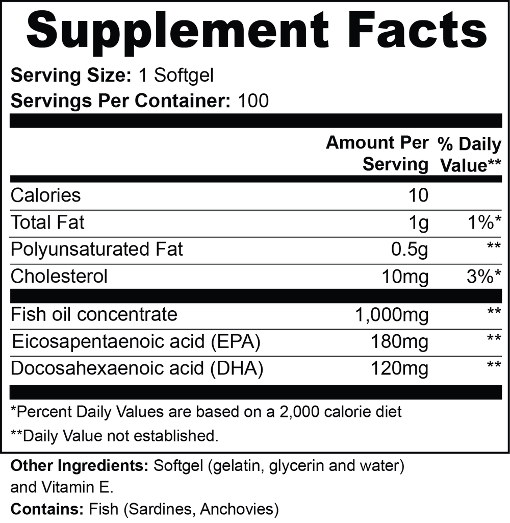 DP Omega-3 Supplement Facts: fish oil with 180 mg EPA and 120 mg DHA