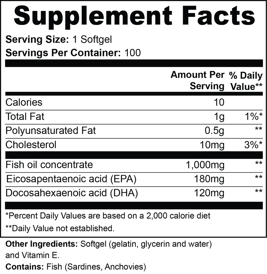 DP Omega-3 Supplement Facts: fish oil with 180 mg EPA and 120 mg DHA