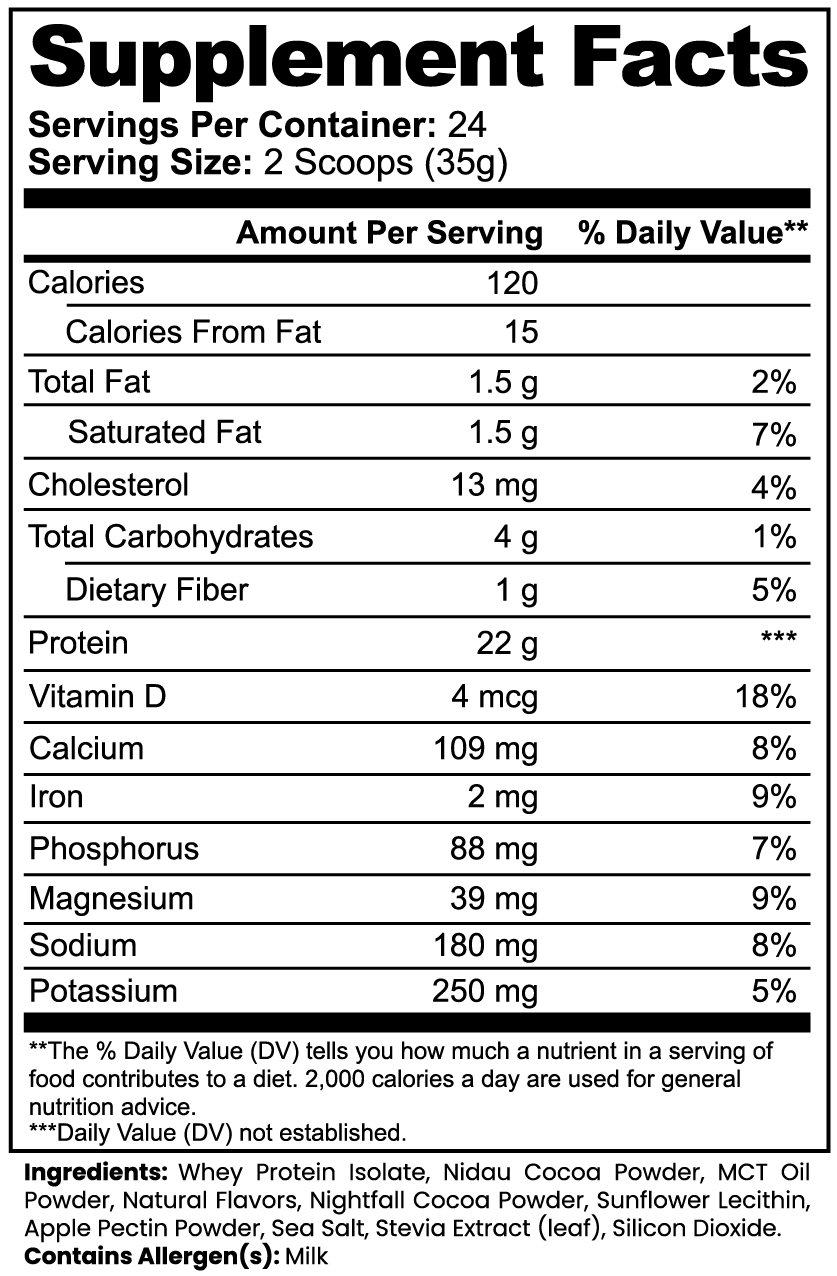 DP Whey Protein Isolate Chocolate Supplement Facts: 2 scoops (35 g), 120 calories, 22 g protein, 24 servings