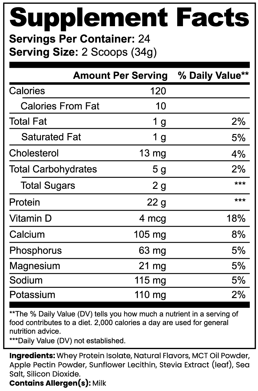 DP Whey Protein Isolate Vanilla Supplement Facts: 2 scoops (34 g), 120 calories, 22 g protein, 24 servings