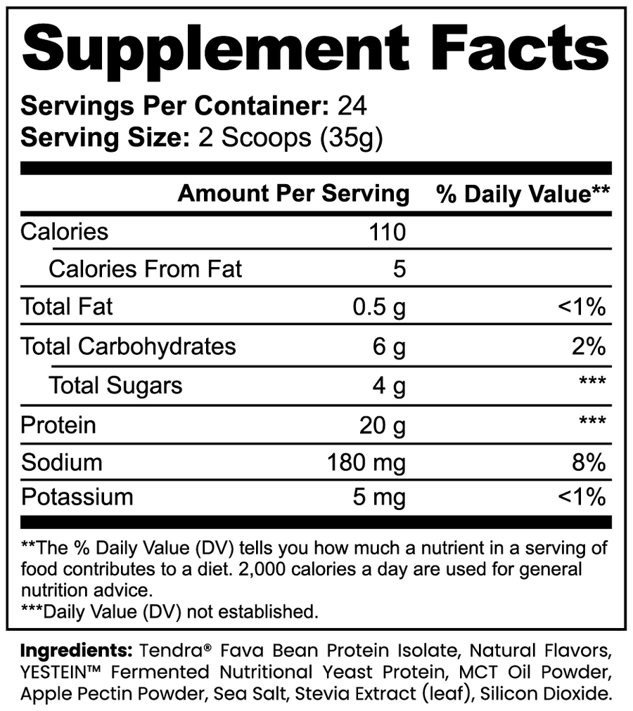 DP Plant Protein Vanilla Supplement Facts: 2 scoops (35 g), 110 calories, 20 g protein, 24 servings