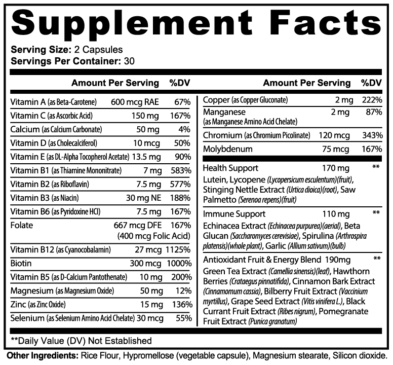 DP Complete Multivitamin Supplement Facts, 2 capsules per serving, 30 servings