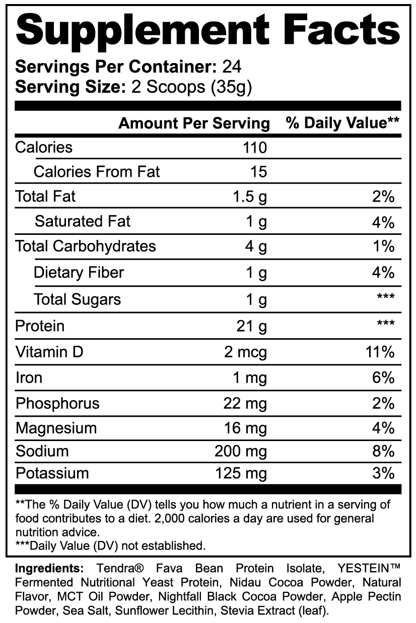 DP Plant Protein Chocolate Supplement Facts: 2 scoops (35 g), 110 calories, 21 g protein, 24 servings