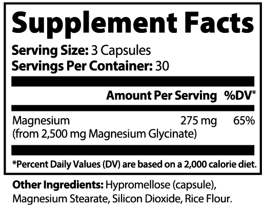 DP Magnesium Glycinate Supplement Facts: 3 capsules, 275 mg magnesium from magnesium glycinate, 30 servings