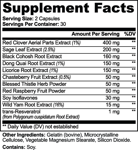 DP Women's Vitality Formula Supplement Facts: 2 capsules per serving, 11 botanical ingredients, 30 servings