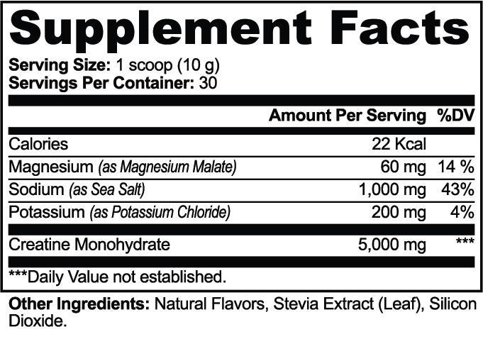 DP Creatine Hydration Powder Supplement Facts: 1 scoop (10 g), creatine 5,000 mg, sodium 1,000 mg, potassium 200 mg, magnesium 60 mg, 30 servings