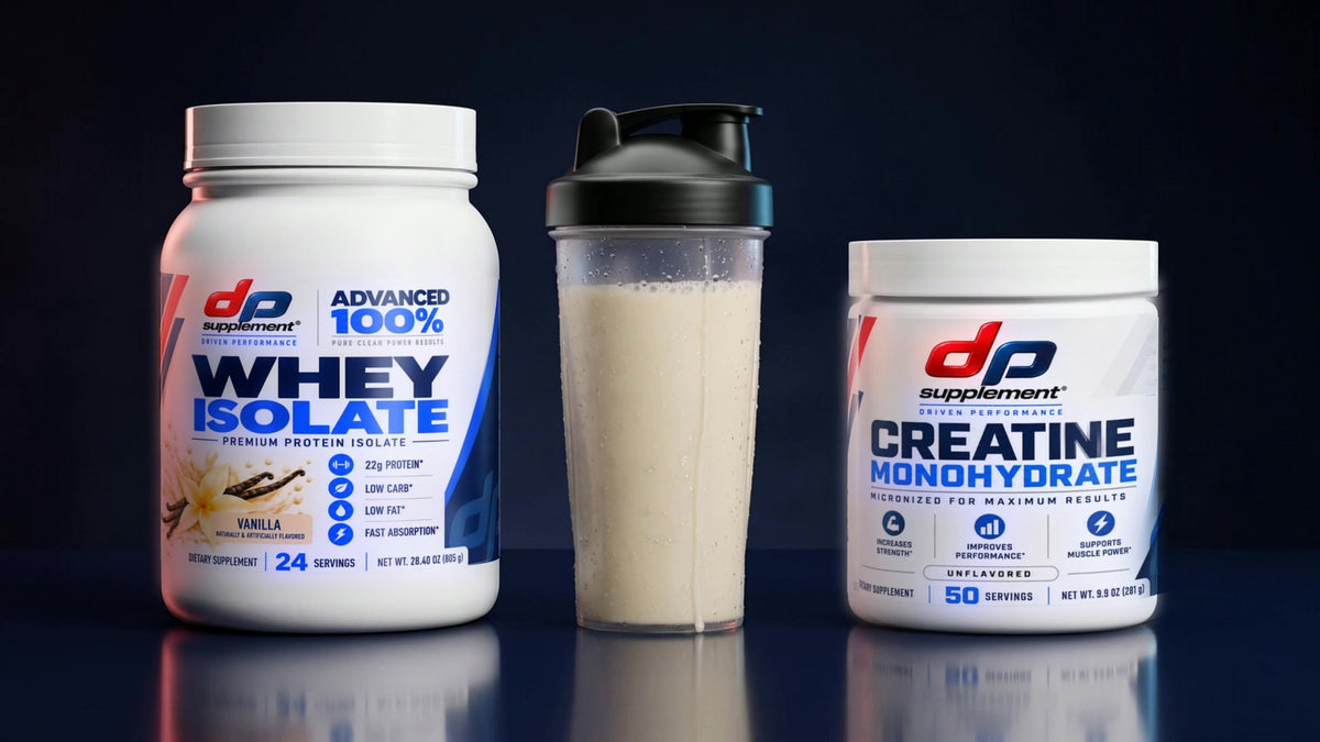 A DP shaker with a vanilla protein shake between tubs of DP Whey Isolate and DP Creatine Monohydrate