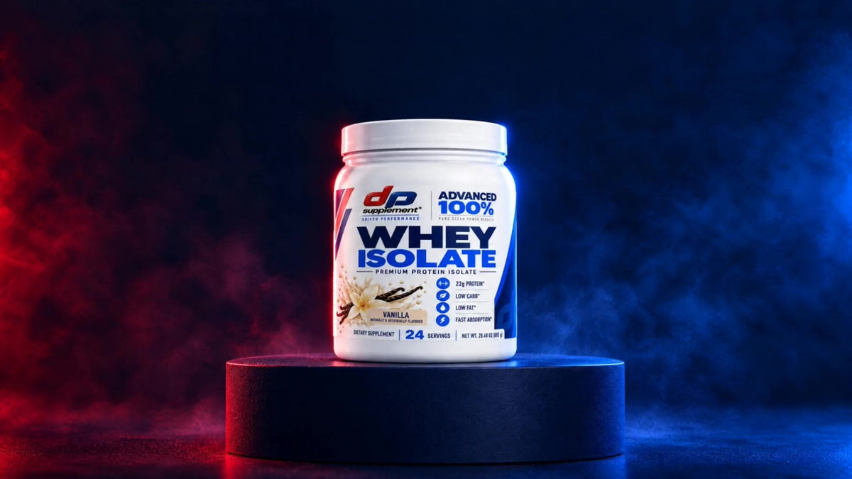 DP Whey Isolate Vanilla tub on a navy plinth, lit in red and blue